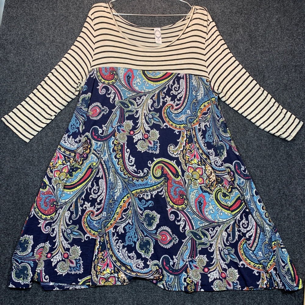 Honeyme Paisley Tunic Dress L Navy Mixed Media Striped Boho Top Indie Modest